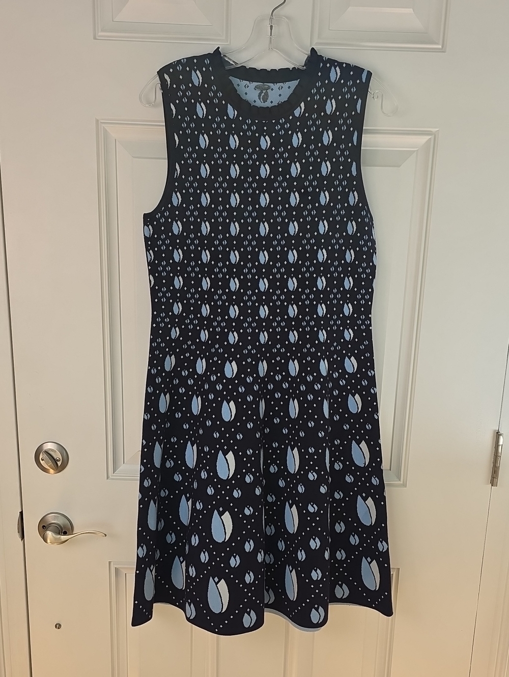 Lela Rose Navy Dress with Light Blue Teardrop Pattern.  Size Large